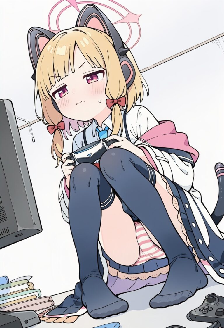 ブルアカの才羽モモイちゃんがゲームに夢中でパンチラしている二次画像