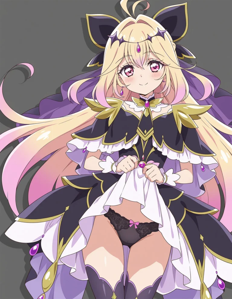名探偵プリキュア！のキュアアルカナ・シャドウちゃんのたくしあげ黒パンツ見せ二次画像